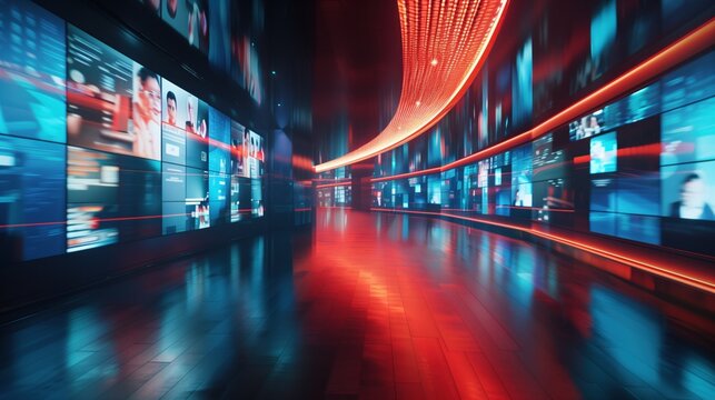 Blurred wall of television screens broadcasting 24/7 news and media. Concept of internet, AI, and nonstop data as wallpaper background