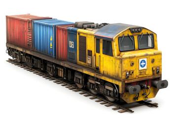 Obraz premium A yellow and blue train with cargo containers on the sides, isolated on a white background. 3D rendering illustration