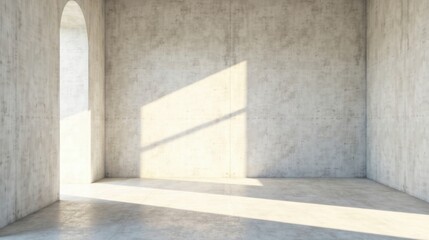 Sunlit Empty Room with Arched Window and Concrete Walls