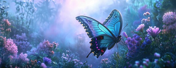 Bending butterfly with flowers Vibrant butterfly among colorful flowers