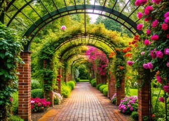 Fototapeta premium Brick Walkway Garden Trellis Flowers Trees - Horizontal Stock Photo