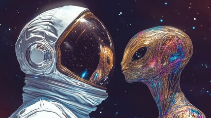 An astronaut meets a vibrant alien in a galaxy of colors, showcasing an extraordinary union that blends human curiosity with alien wisdom in an imaginative cosmic setting.