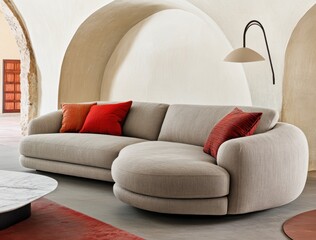 Beige and red patterned sectional sofa in a modern living room with arched walls and a marble coffee table. Soft lighting enhances the cozy