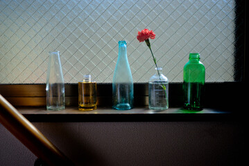 ガラス瓶と赤いカーネーションの静物

