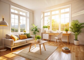 Bright Minimalist Room Interior Design, Sunlight Streaming Through Large Window, Modern Home Decor Stock Photo