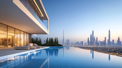Modern villa rooftop infinity pool overlooking Dubai skyline