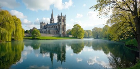 Obraz premium A tranquil lake reflects the majestic spires of Salisbury Cathedral in spring, spring, serene
