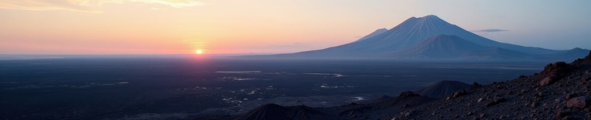 A vast expanse of volcanic land stretches across the horizon, landscape, calm