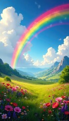 A whimsical rainbow of colors unfurls across a serene landscape, scenery, nature, abstract