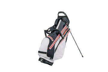 Fototapeta premium premium golf bag with a stand, white and black design with red accents, featuring multiple compartments, padded straps, and a durable structure for golf clubs.
