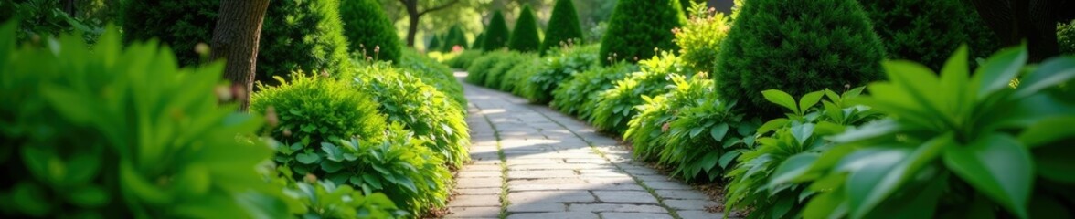A winding stone path through a garden filled with lush greenery, calm, pathway