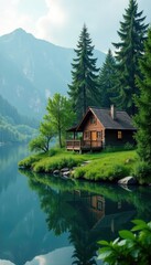 Obraz premium A wooden cabin nestled among lush greenery by a serene lake, trees, scenery, peaceful
