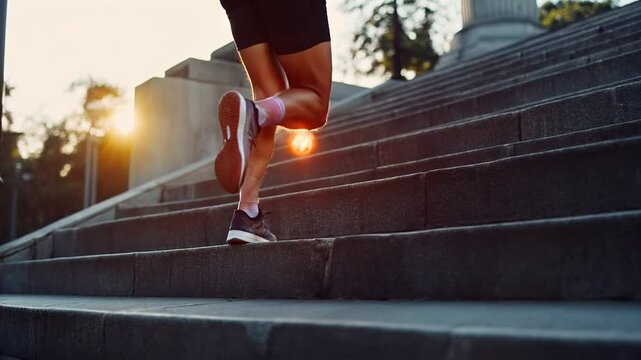 Athlete Running Up Concrete Stairs In Sunlight