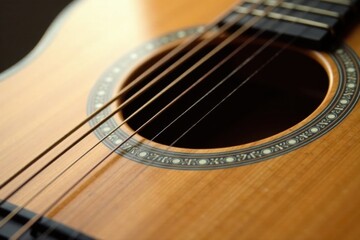 Close-up view of an acoustic guitar's soundhole, showcasing the intricate detail of its wooden body and strings