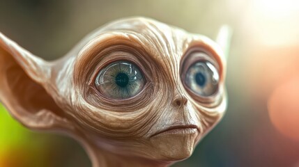 Fototapeta premium A whimsical depiction of a wide-eyed alien creature showcasing its unique features, capturing a moment that blends curiosity with charm, invoking intrigue and delight.