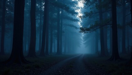 Obraz premium Dark forest at dusk with misty trees and twinkling lights, eerie, forest