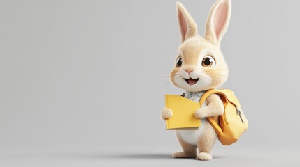 Cartoon rabbit student with backpack and book
