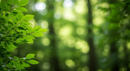 Fototapeta premium Green leaves on a blurred background with a bokeh effect, which creates a quiet natural atmosphere