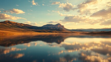Serene landscape with mountains and a reflective lake under a colorful sky at sunset.