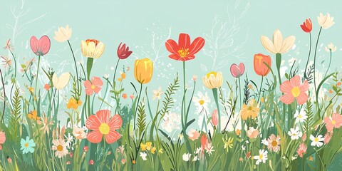 A field of flowers with a blue sky in the background