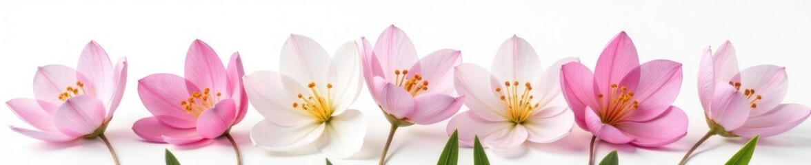 Obraz premium Delicate freesia flowers on a pure white background, showcasing their intricate details, greys,