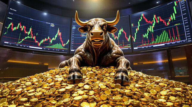 Est&aacute;tua dourada de touro sobre uma grande pilha de moedas de ouro, com gr&aacute;ficos financeiros ao fundo, representando mercado em alta, riqueza e sucesso econ&ocirc;mico.