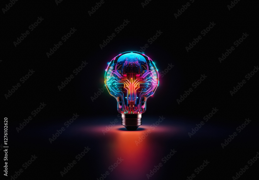 Poster a glowing light bulb constructed from interconnected circuit board components emits vibrant colorful