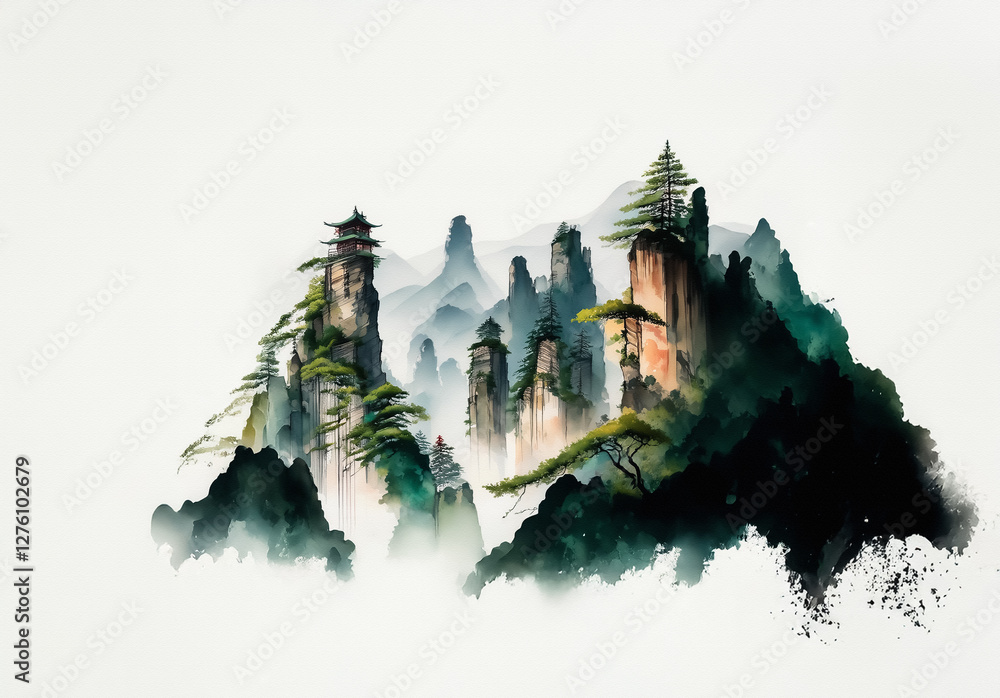 Poster Watercolor painting of misty mountains with pagoda-like structures and trees clinging to steep cliffs. Fog blankets the lower areas creating a serene landscape.