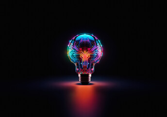 A glowing light bulb constructed from interconnected circuit board components emits vibrant colorful lights in a dark space, symbolizing innovative digital technology.