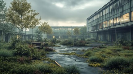 Obraz premium A misty, overgrown urban landscape featuring abandoned buildings, lush vegetation, and a reflective path, evoking a sense of decay and nature's reclamation.