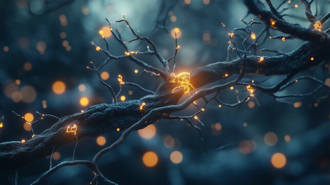 Brain with glowing yellow light. A human brain is stimulated by a neurology. Neuroscience and psychology in 3d rendering neuronal networks. A brain illuminated by a yellow lifestyle glow.