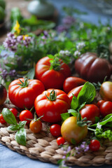 Tomato vegetable  -  a garden harvest of gourmet varieties of heirloom tomatoes, Solanum lycopersicum -  includes black, cherry, plum, oxheart and beefsteak delicious berries.