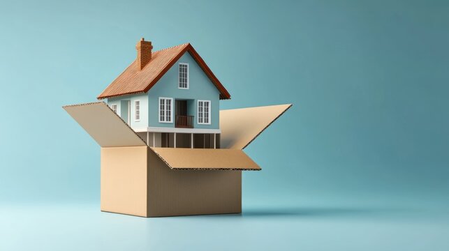 Miniature house in an open cardboard box.  Possible use 3D render of moving house, real estate concept, or home purchase