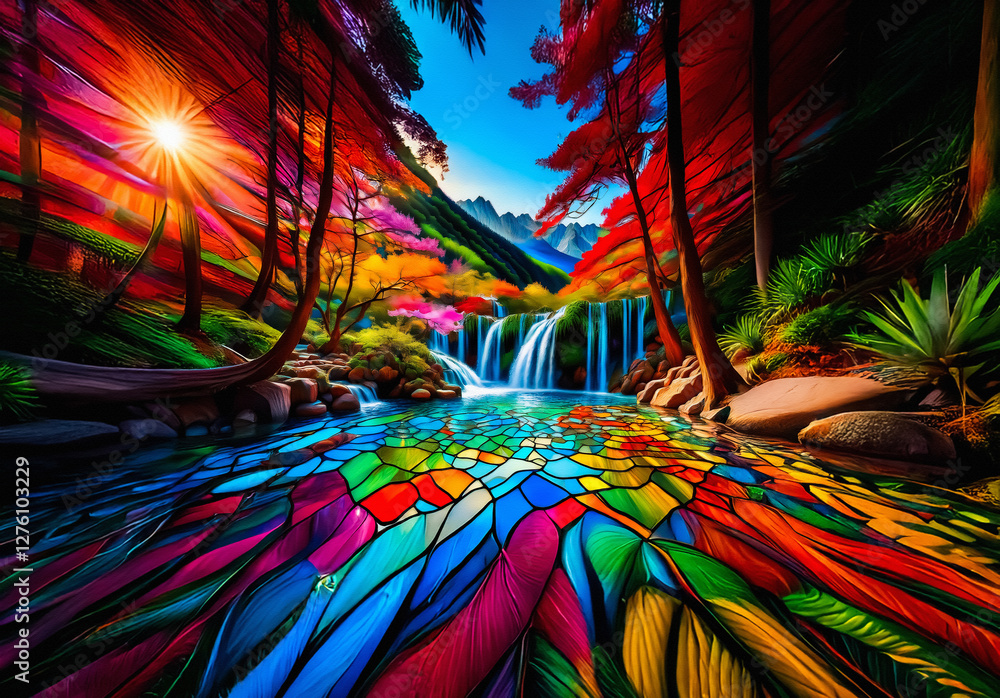 Poster a vivid landscape painting showcases a waterfall cascading into a river with mosaic-like water. brig