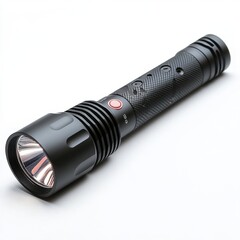A modern LED flashlight with a sleek design, isolated on a pure white background