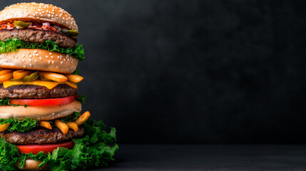 Ultimate fast craving experience featuring juicy, sizzling burgers, crispy fries, melted cheese, designed for high impact restaurant advertising, social media campaigns.