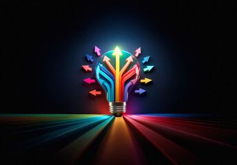 A vibrant light bulb emits colorful arrows pointing outwards and inwards, symbolizing diverse ideas converging and diverging, set against a dark backdrop.