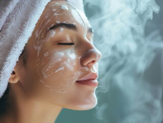 Woman spa facial skin care steam treatment relaxation beauty wellness peaceful self care for natural youthful skin