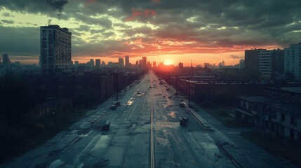 A desolate urban landscape at sunset, showcasing abandoned roads and towering buildings under a dramatic sky.