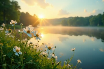 Gentle morning dew glistens on white flowers as the sun rises over a tranquil lake, morning, calm, water