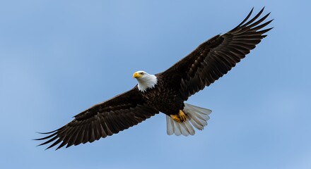 Naklejka premium Bald Eagle Soaring Through Blue Sky with Wings Spread Wide Open