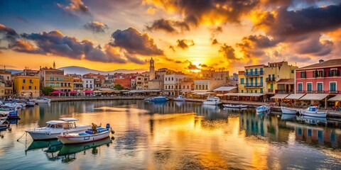 Fototapeta premium Chania Port Sunset: Golden Hour in Crete, Greece