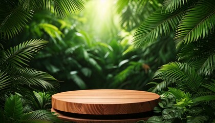 Fototapeta premium Wooden podium in tropical forest for product presentation and green background.