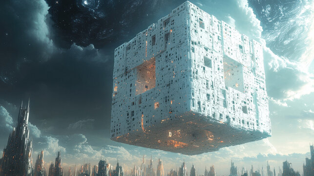 hypercube structure floating above futuristic cityscape, showcasing intricate details and glowing elements