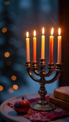 Menorah candles lit against a warm winter background, Light, Celebration