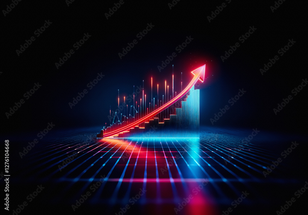 Aufkleber red arrow ascends luminous stairs on a blue grid floor against a dark backdrop, symbolizing progress