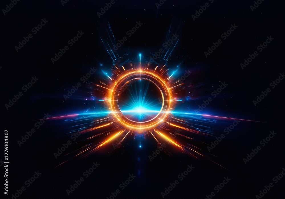 Aufkleber Energetic abstract image of a glowing circular portal emitting bright orange and blue light rays on a dark backdrop. Dynamic and vibrant visual element.
