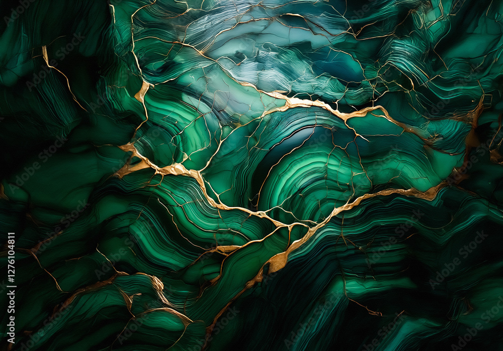 Poster Dark green abstract background with flowing gold lines creating a marble-like texture. Elegant and luxurious design with rich colors.