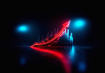 Red neon arrow pointing upwards, illuminating a blue bar chart on a dark reflective surface. Neon light effect highlights growth and positive trend.