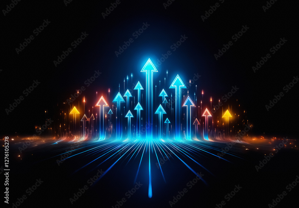 Poster Luminous arrows in blue and orange ascend against a dark backdrop, symbolizing progress and direction. Light trails and sparks add dynamism.